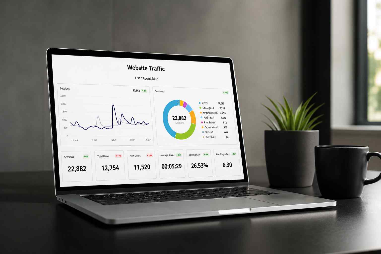 A laptop showing analytics charts and dashboards — digital marketing context.